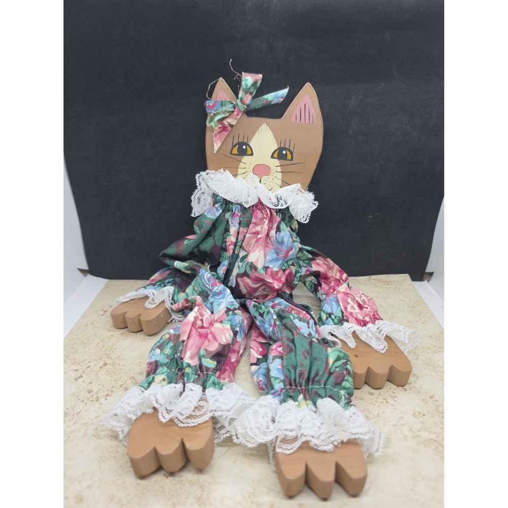 Vintage Handmade Wooden Cat With Cloth Shelf Sitter Granny Core Cottage Core 18"